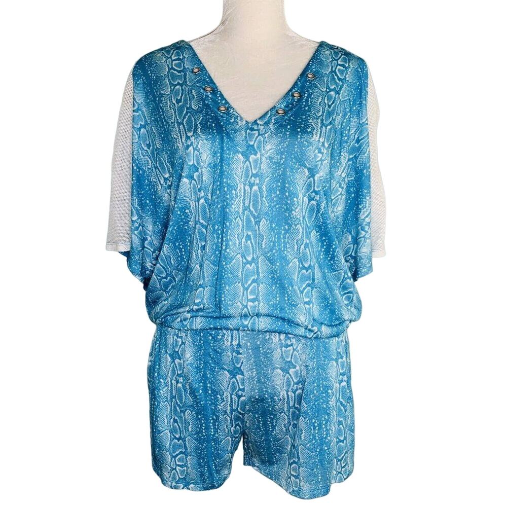 Ramy Brook Apres Romper Turquoise Animal Print V-Neck Shorts Pockets Lined New